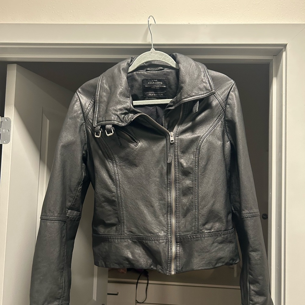 All Saints Gray Leather Moto Jacket